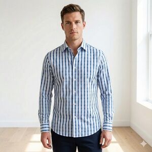 Bugatchi Uomo blue striped premium cotton shaped fit shirt - Medium (16 / 34–35)